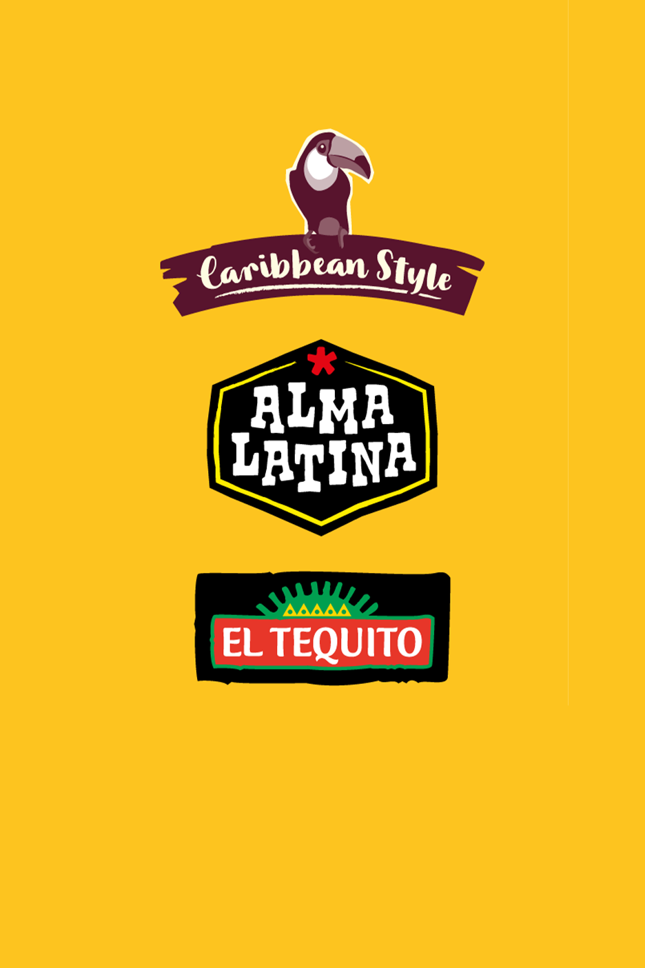 Karibų ir Lotynų Amerikos stiliaus maisto produktų prekių ženklų logotipai geltoname fone.