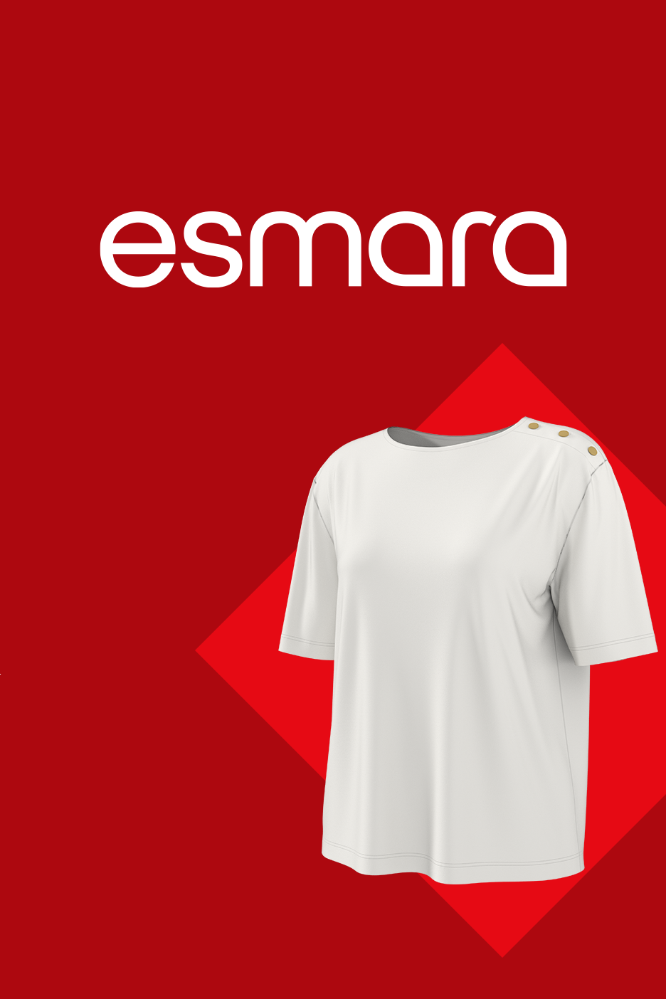 Balta palaidinė su auksinėmis sagomis ant raudono fono su rombo formos elementais.