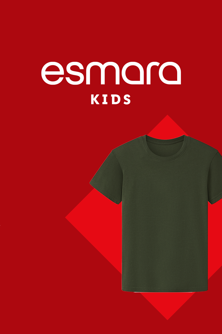 Tamsiai žalios spalvos vaikiški marškinėliai ant raudono fono su užrašu „KIDS“.