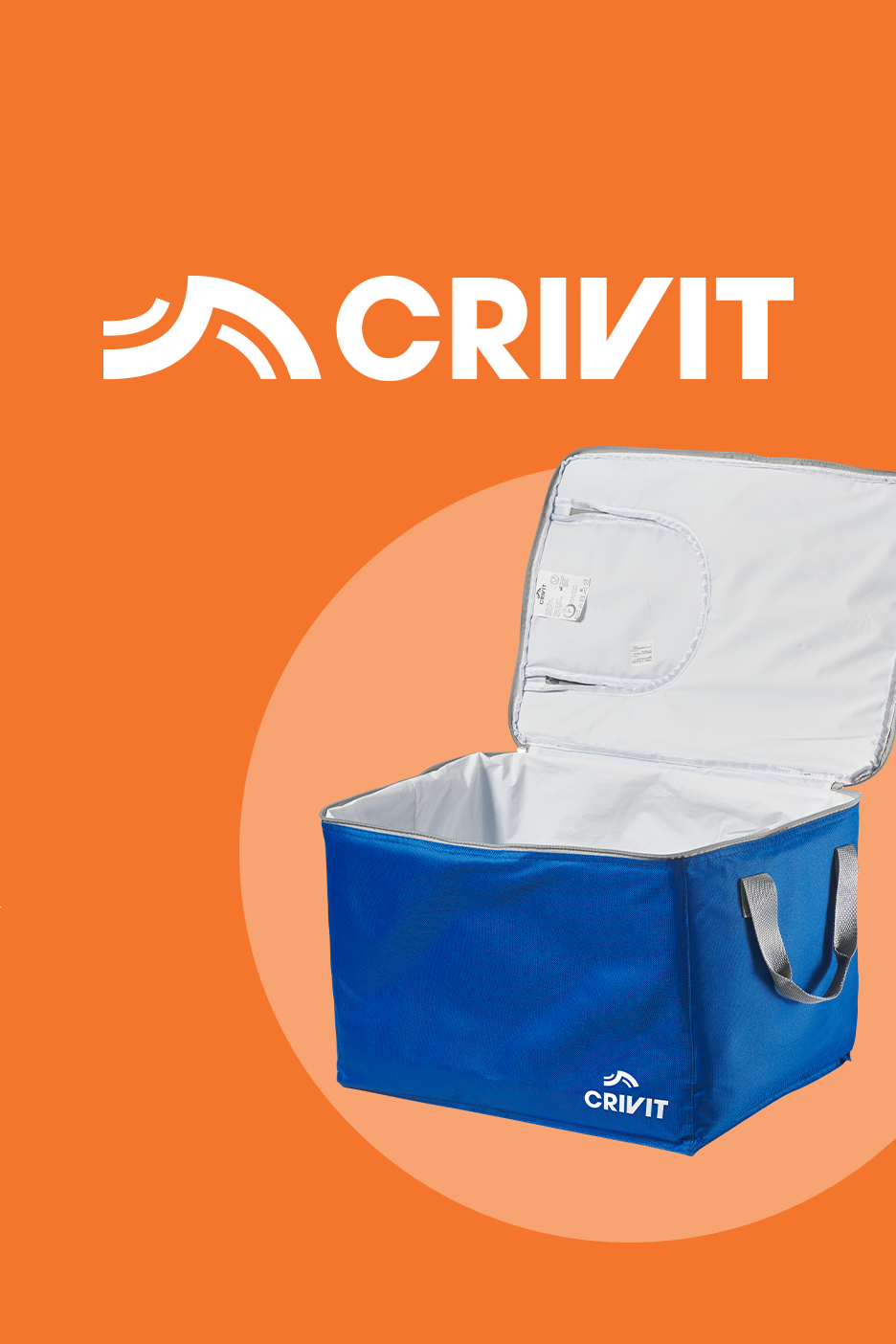 Mėlynas šaltkrepšis su atidarytu dangčiu, baltu vidumi ir pilkomis rankenomis.