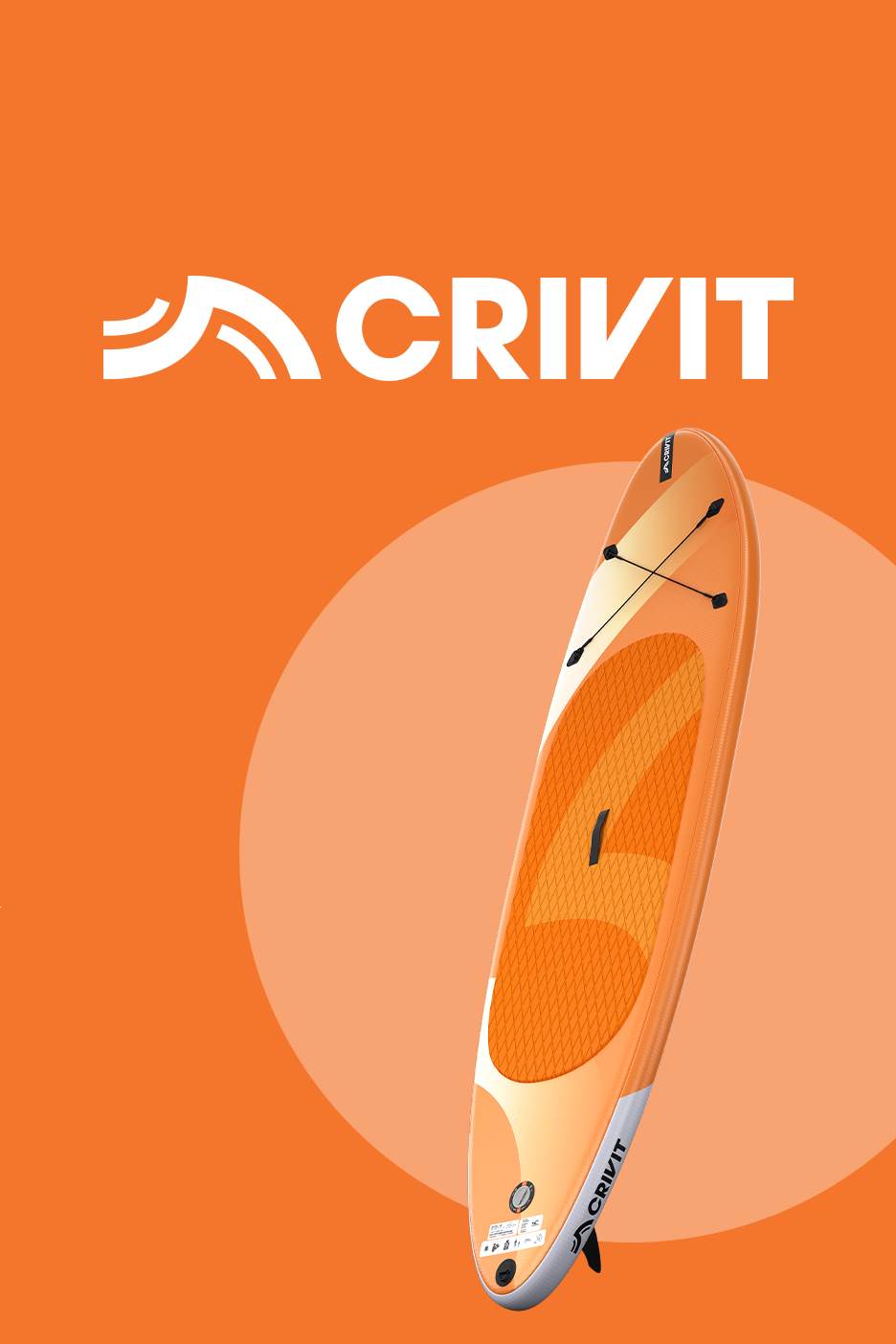 Oranžinė ir balta irklentė su juodais raštais, oranžiniame fone su šviesesniu apskritimu.