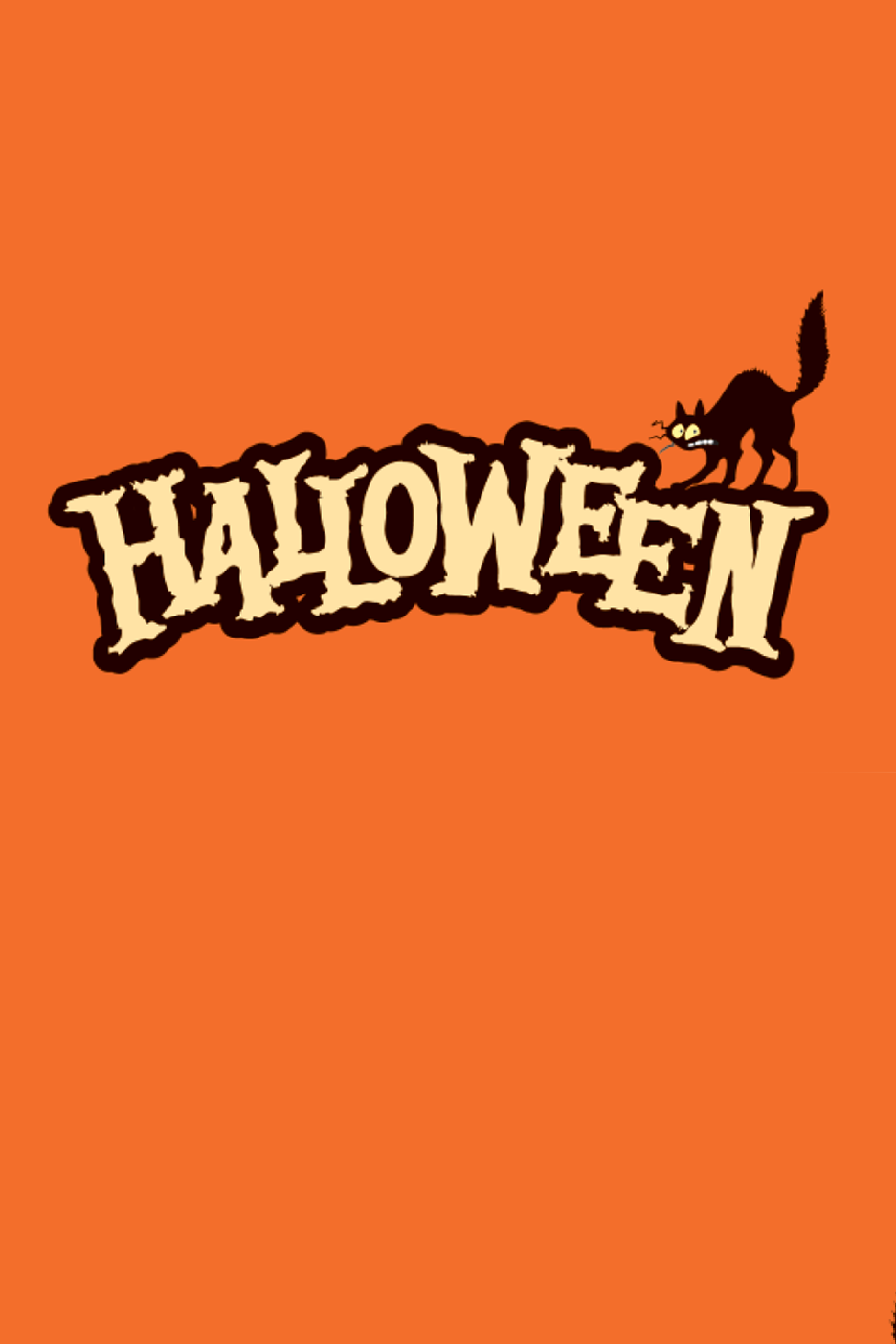 Oranžinis fonas su užrašu „Halloween“ ir juoda kate.