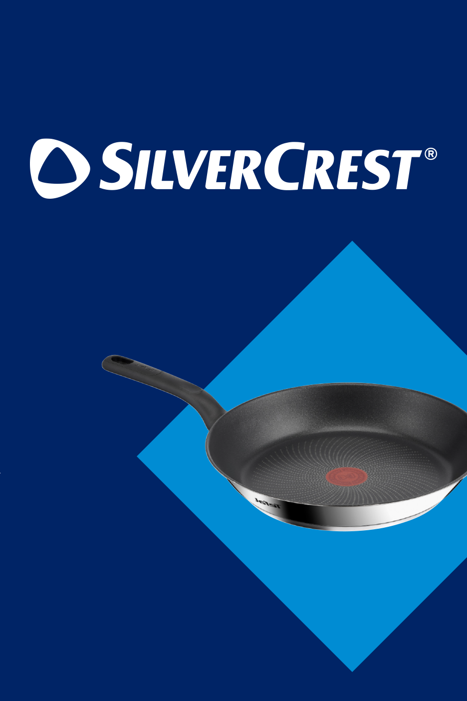 Keptuvė su nelimpančia danga ir termotašku, mėlynas fonas su geometrinėmis figūromis.