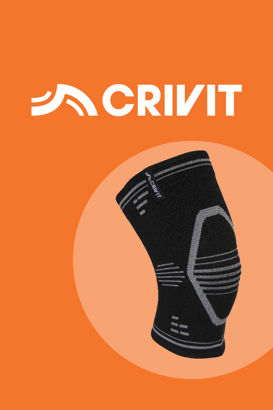 Juodas kelio įtvaras su pilkais akcentais, oranžiniame fone su baltu logotipu.