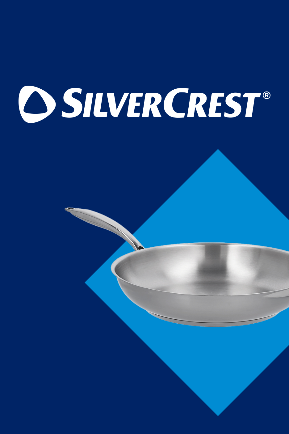 Nerūdijančio plieno keptuvė su rankena ant mėlyno fono su geometrinėmis figūromis.