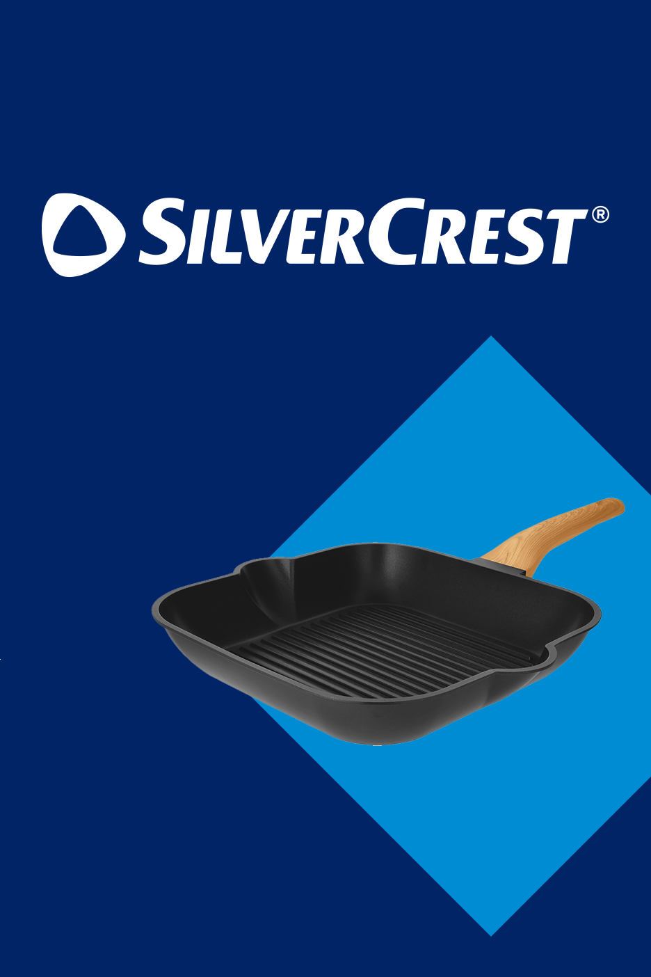 Mėlynas fonas su baltu logotipu ir juoda keptuve su medine rankena.