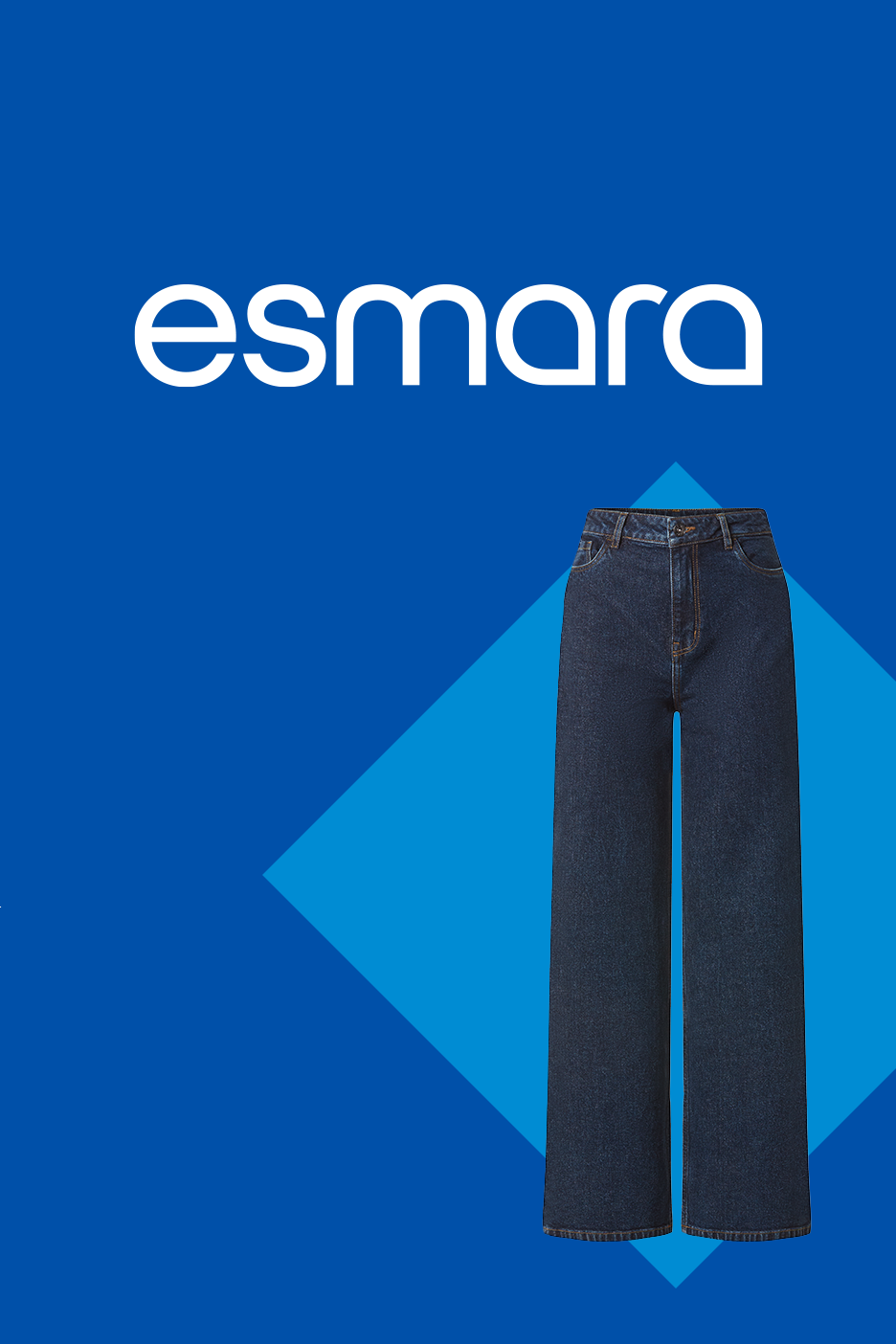 Tamsiai mėlyni platūs džinsai ant mėlyno fono su geometrinėmis figūromis.