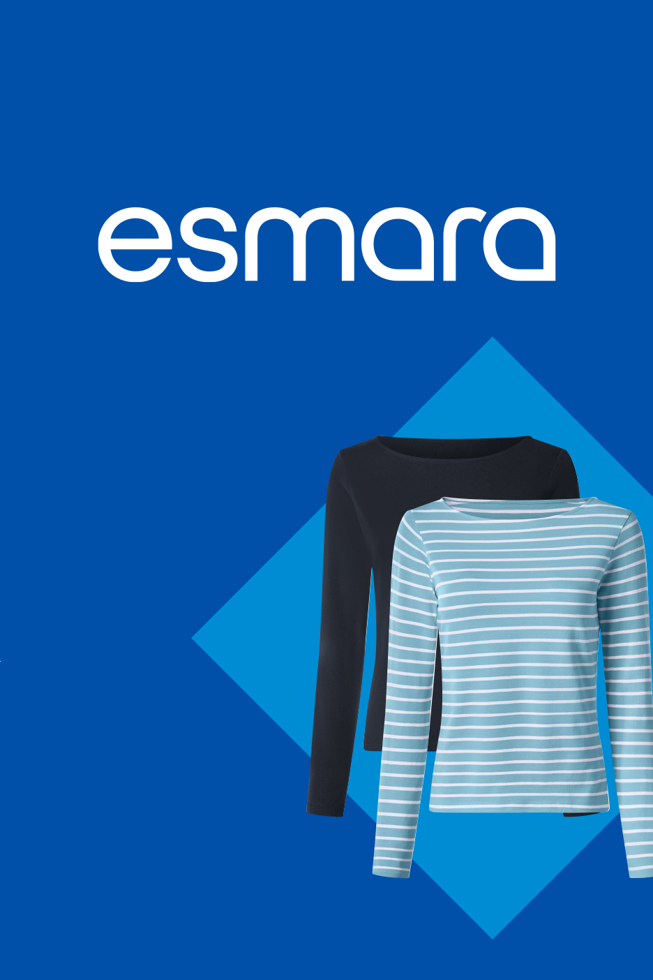 Mėlynas ir dryžuotas marškinėliai ilgomis rankovėmis ant mėlyno fono su geometrinėmis figūromis.