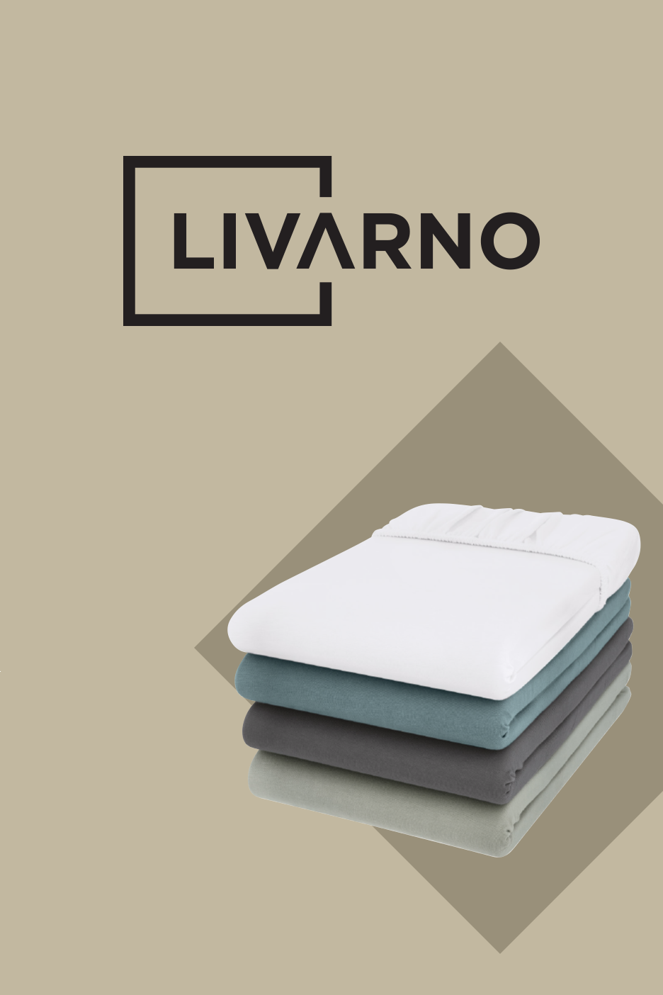 LIVARNO logotipas ir keturių sulankstytų paklodžių krūva: balta, mėlyna, tamsiai pilka ir šviesiai pilka.