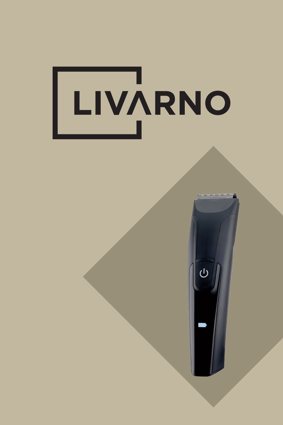 Plaukų kirpimo mašinėlė su įkrovimo indikatoriumi ir logotipu šviesiai rudame fone.