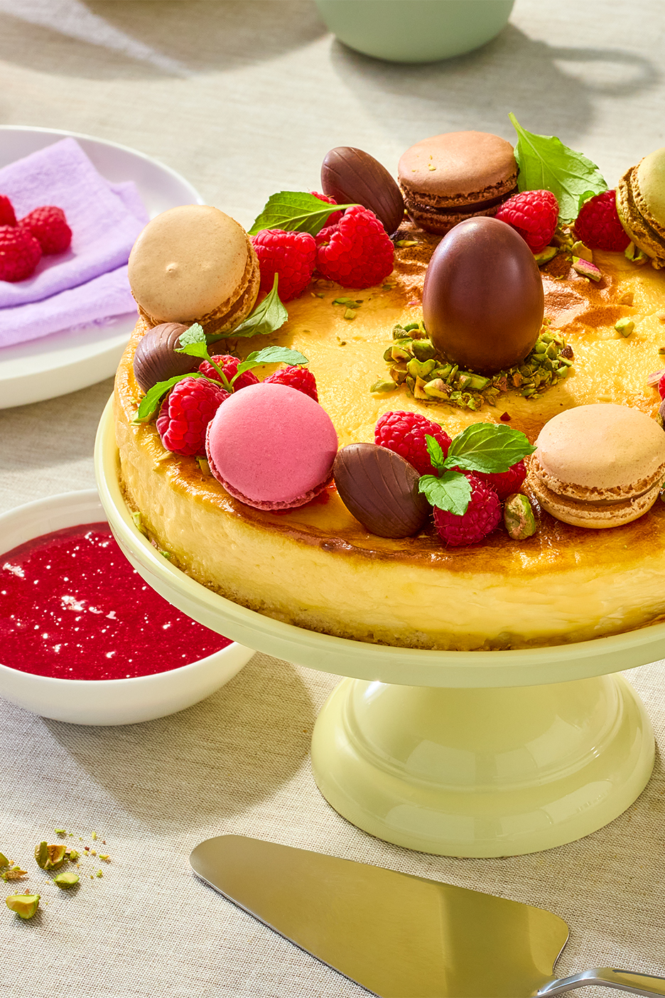 Sūrio pyragas su avietėmis, makaronais ir šokoladiniais kiaušiniais ant šviesiai žalio stovo.