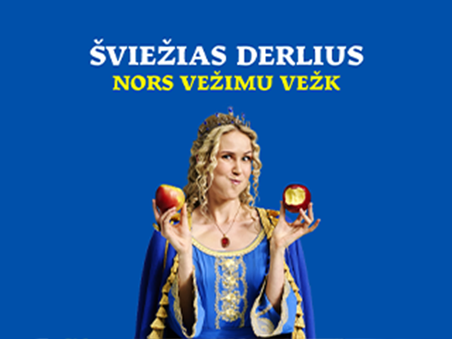 Moteris su karūna ir mėlyna suknele laiko du obuolius, vienas iš jų įkąstas, su užrašu „Šviežias derlius, nors vežimu vežk“.