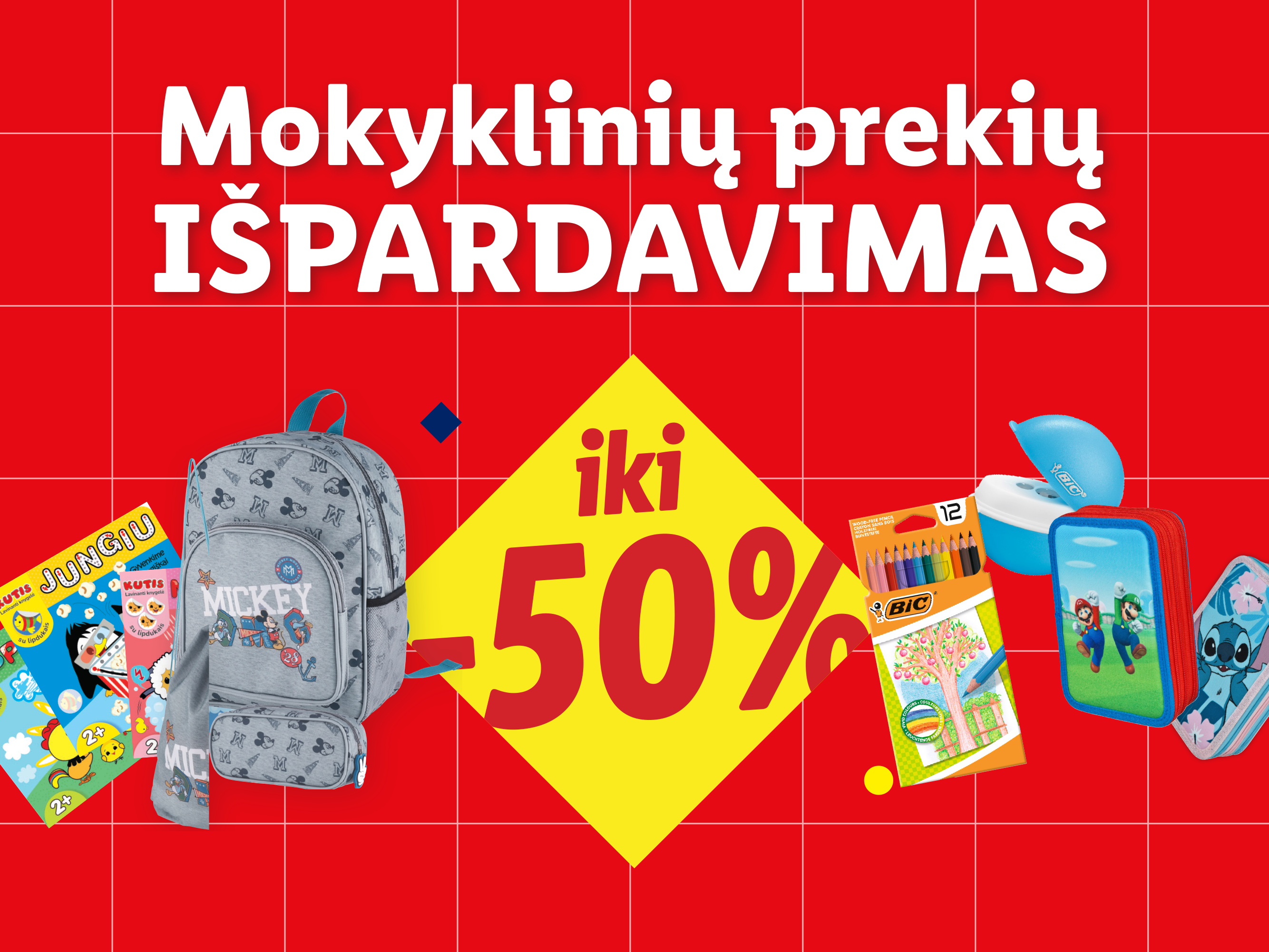 Mokyklinių prekių išpardavimas su nuolaidomis iki 50%, įskaitant „Mickey Mouse“ kuprinę ir „BIC“ pieštukus.