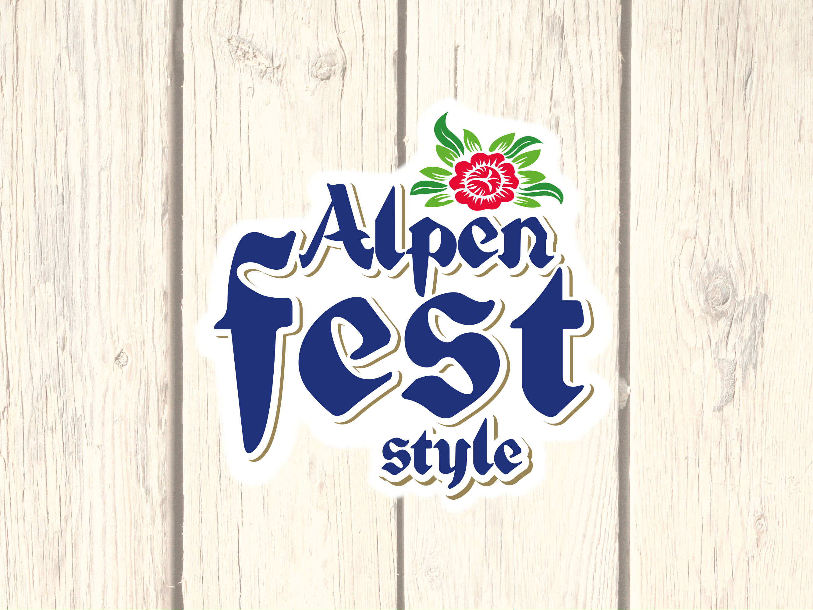 Alpen Fest stiliaus logotipas su raudona gėle ant medinės lentos.