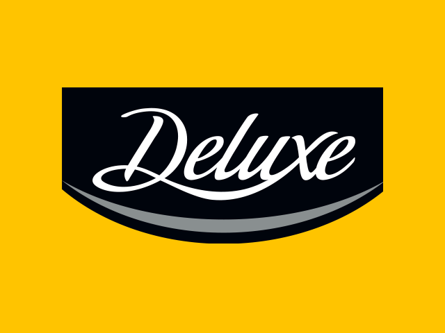 'Deluxe' prekės ženklo logotipas, esantis ant geltono fono.
