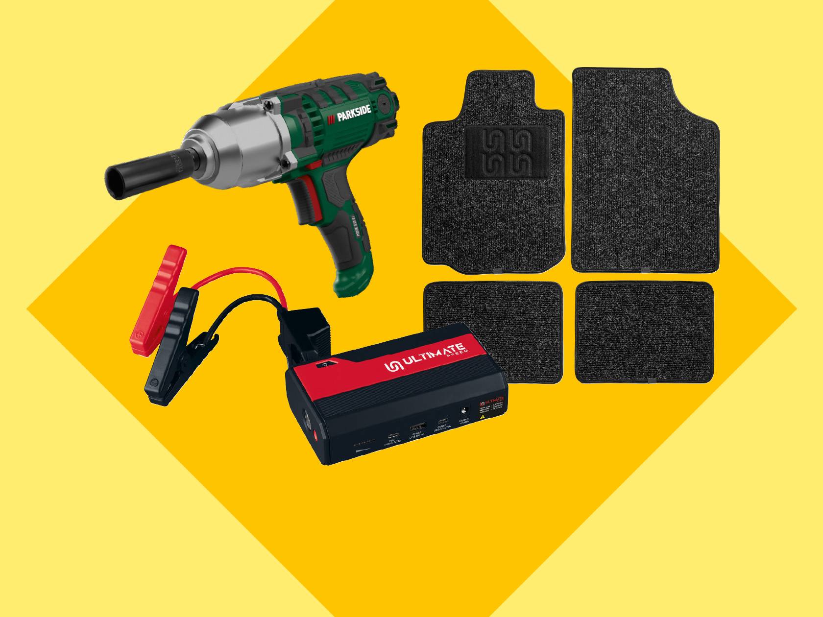 Parkside smūginis veržliasukis, Ultimate Speed automobilio užvedimo įrenginys ir kilimėliai.