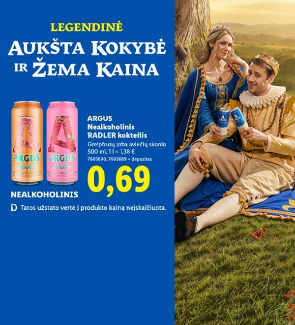 ARGUS nealkoholinis Radler kokteilis (greipfrutų ir aviečių skonio) reklamuojamas už 0,69 €.