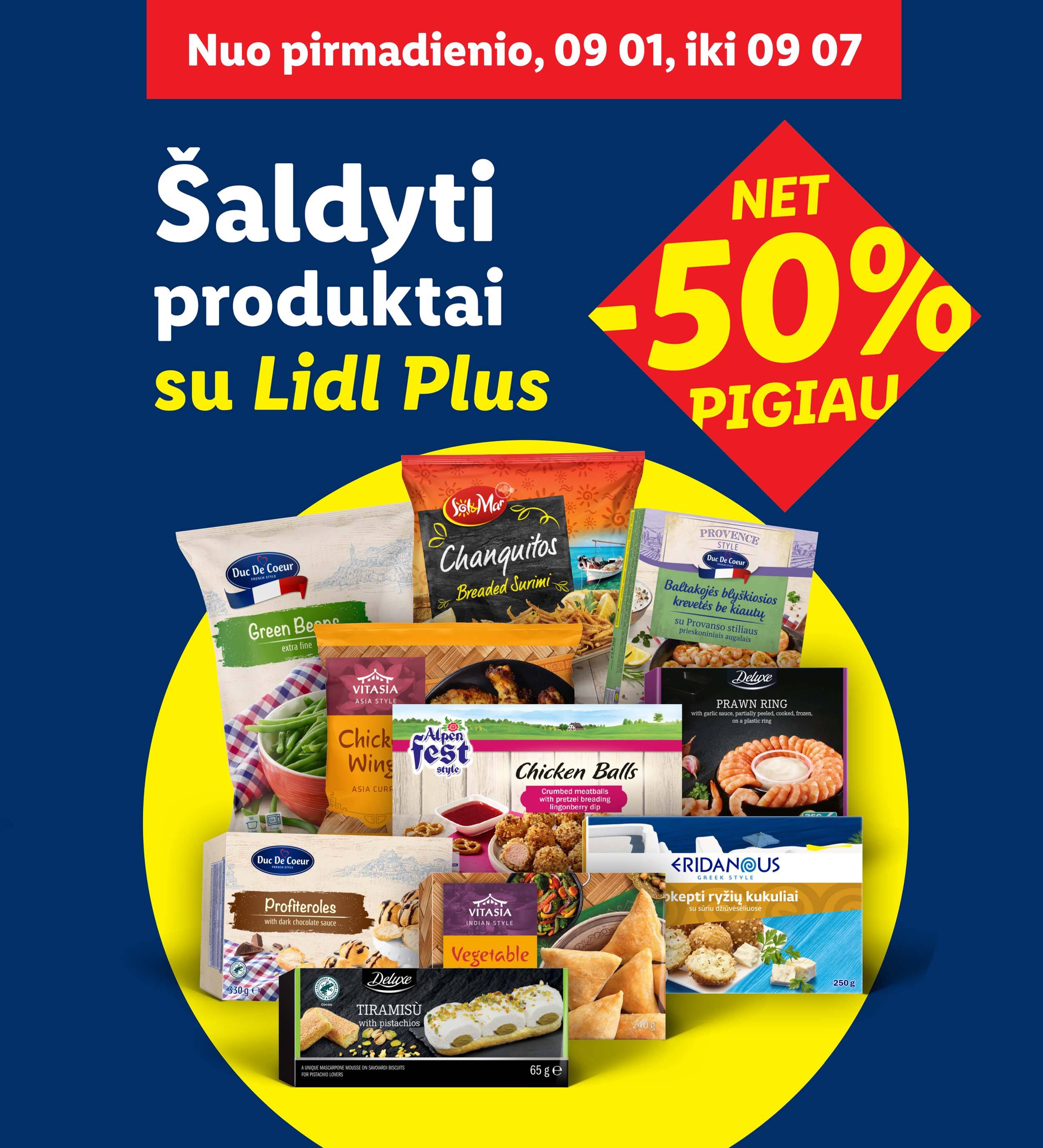 Šaldyti produktai, įskaitant jūros gėrybes, mėsos gaminius ir desertus, su nuolaida.
