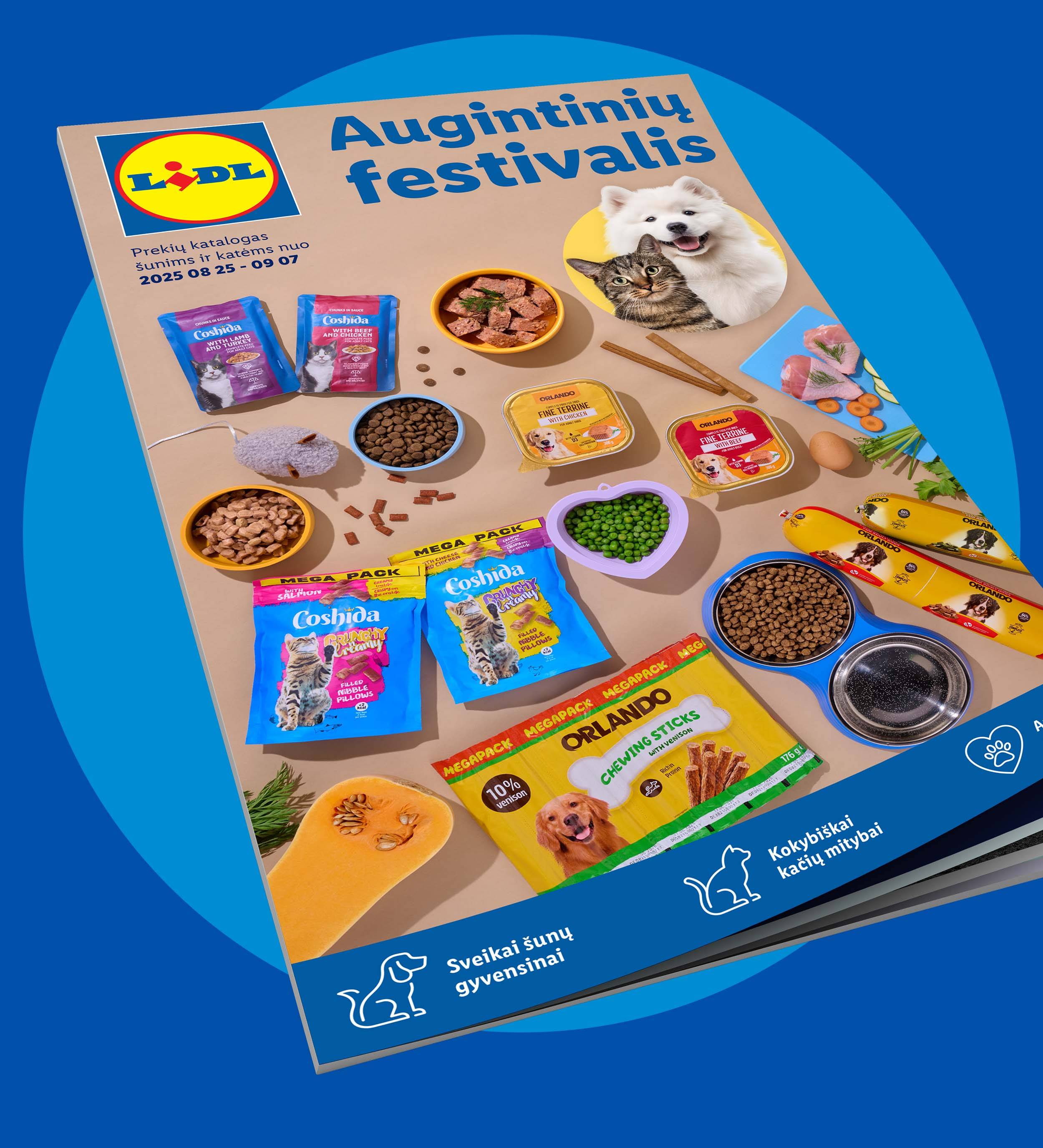 Lidl katalogas su šunų ir kačių maistu bei aksesuarais, įskaitant Coshida ir Orlando prekės ženklus.