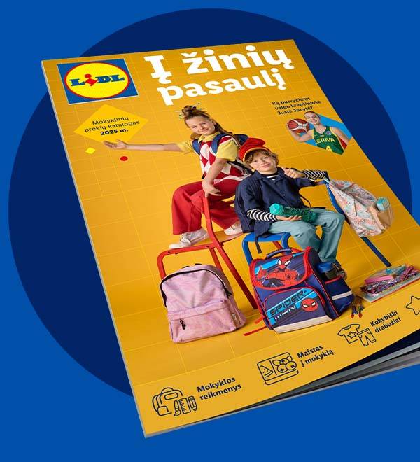 LIDL mokyklinės prekės katalogas: kuprinės, raštinės prekės ir drabužiai.