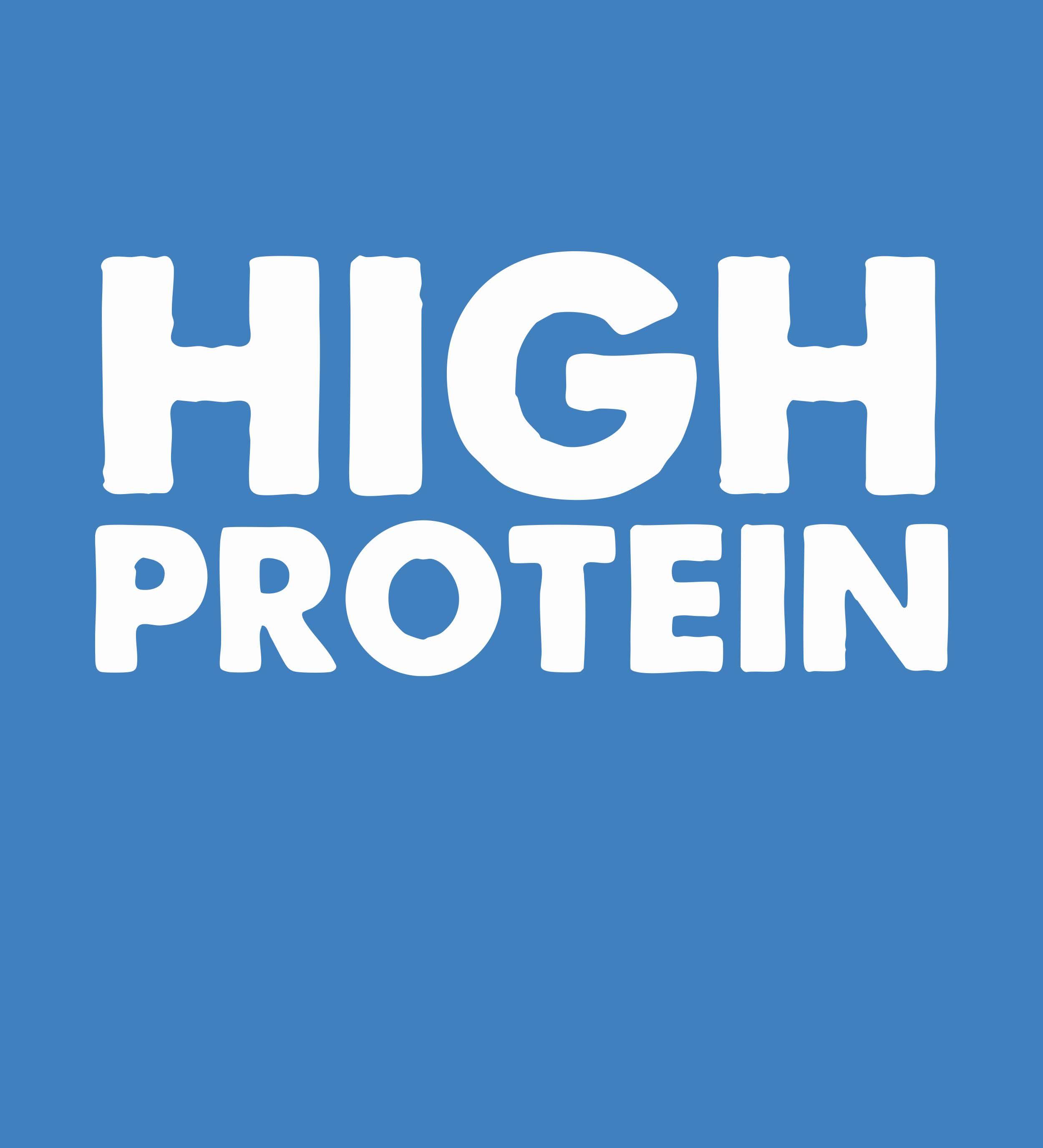 Mėlynas fonas su baltu tekstu „HIGH PROTEIN“.