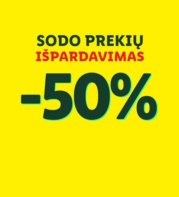 50% nuolaida visiems prekių išpardavimams.