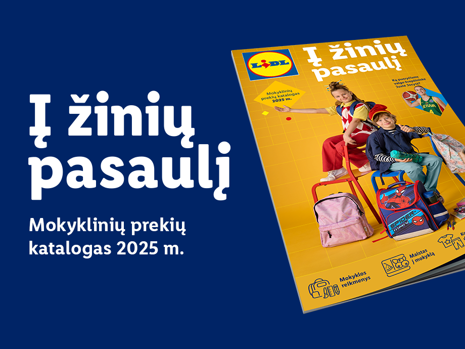 Lidl mokyklinių prekių katalogas 2025 m. su mokiniais ir kuprinėmis, įskaitant „Žmogaus-voro“ kuprinę.