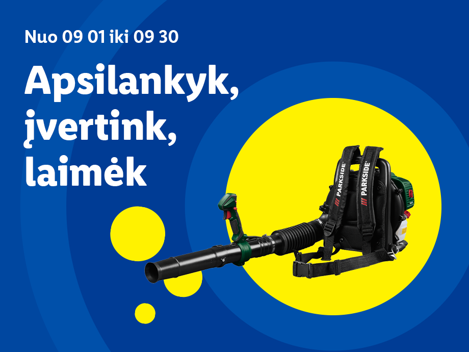 Parkside lapų pūstuvas ant mėlyno fono su geltonais apskritimais ir tekstu.