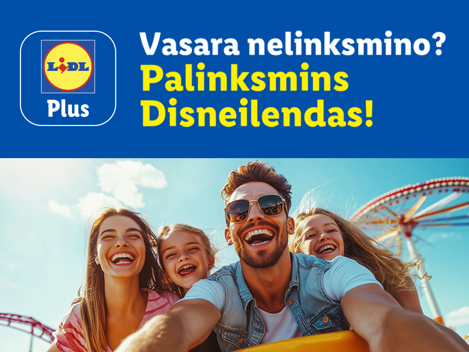 Lidl Plus reklama su besišypsančia šeima atrakcionų parke.