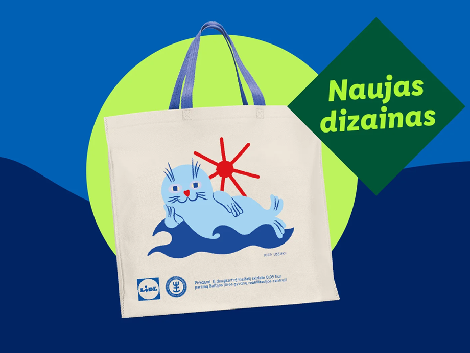 Lidl daugkartinis pirkinių maišelis su ruonio piešiniu ir užrašu „Naujas dizainas“.