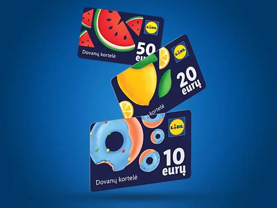 Trys „Lidl“ dovanų kortelės su arbūzo, citrinos ir spurgos dizainu, kurių vertė atitinkamai 50, 20 ir 10 eurų.