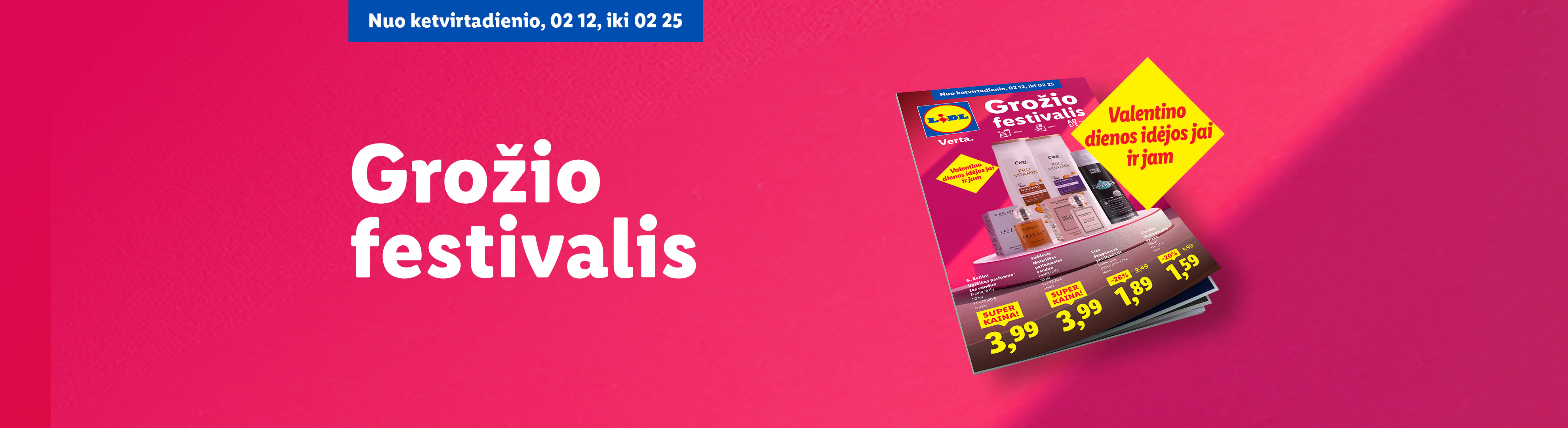 Grožio festivalio reklama su kosmetika ir kvepalais, skirta Valentino dienai, su kainomis nuo 1,59 EUR.