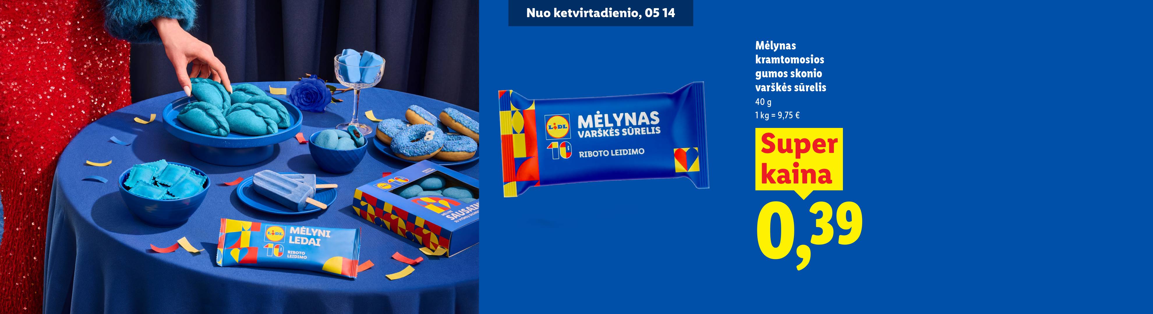 Mėlynas varškės sūrelis su kramtomosios gumos skoniu, kaina 0,39 €.