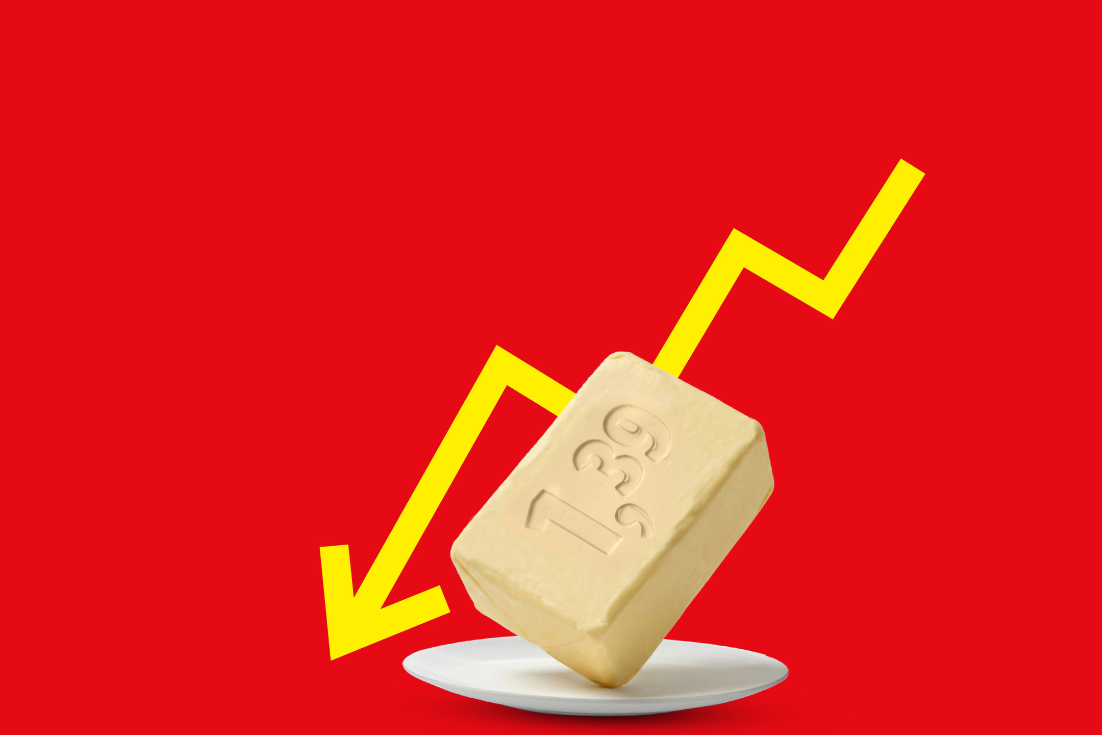 Sviesto gabalėlis su skaičiumi „139“ ant baltos lėkštės, su geltona rodykle, rodančia žemyn, raudoname fone.