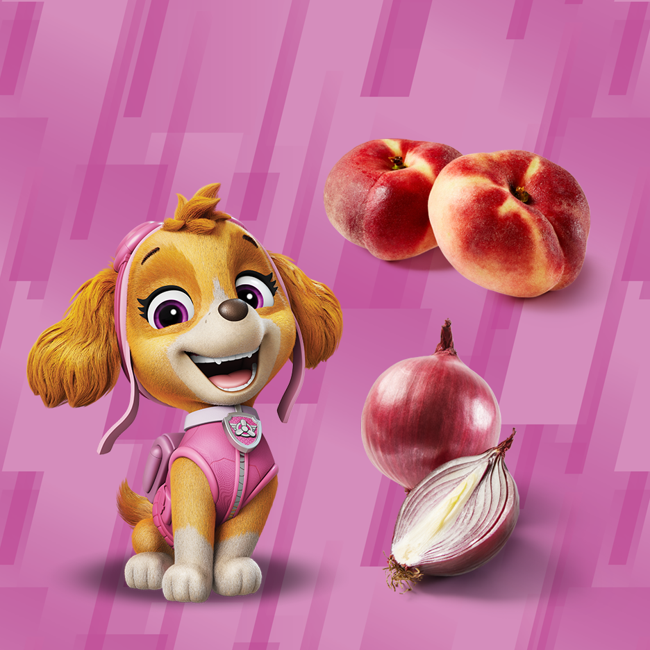 Skye iš „Paw Patrol“ su persikais ir raudonaisiais svogūnais rožiniame fone.