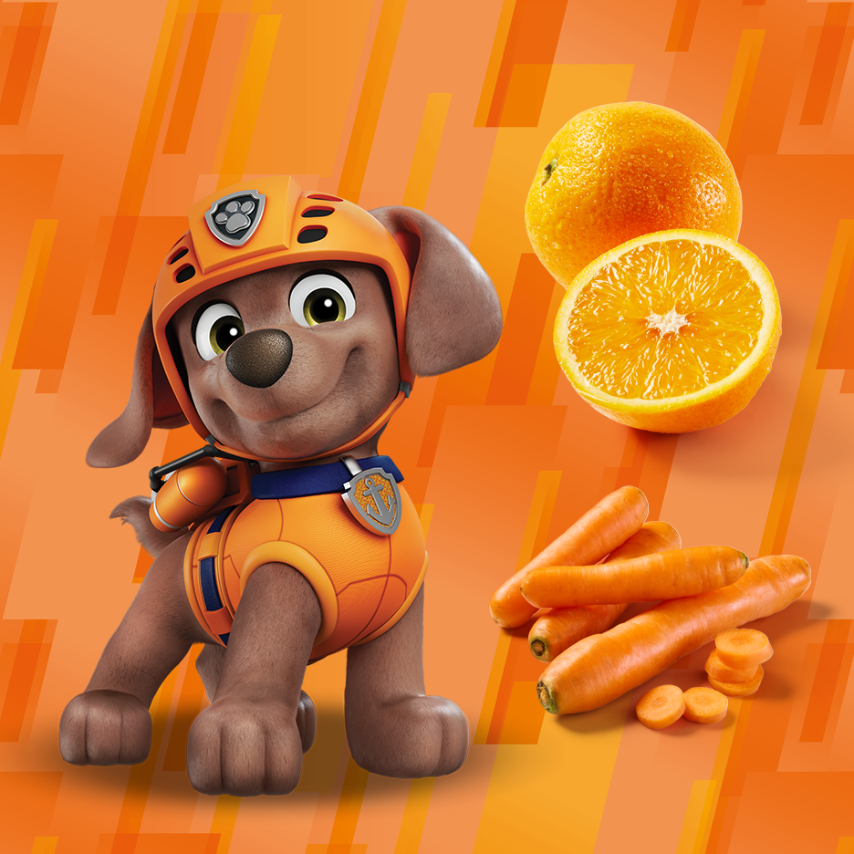 Animacinis šuniukas su apelsinais ir morkomis oranžiniame fone.