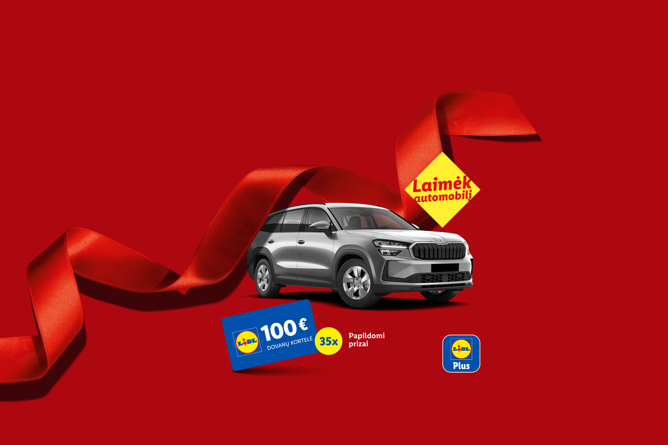 Lidl reklama: laimėk automobilį, 100 € dovanų kortelę ir 35 papildomus prizus.
