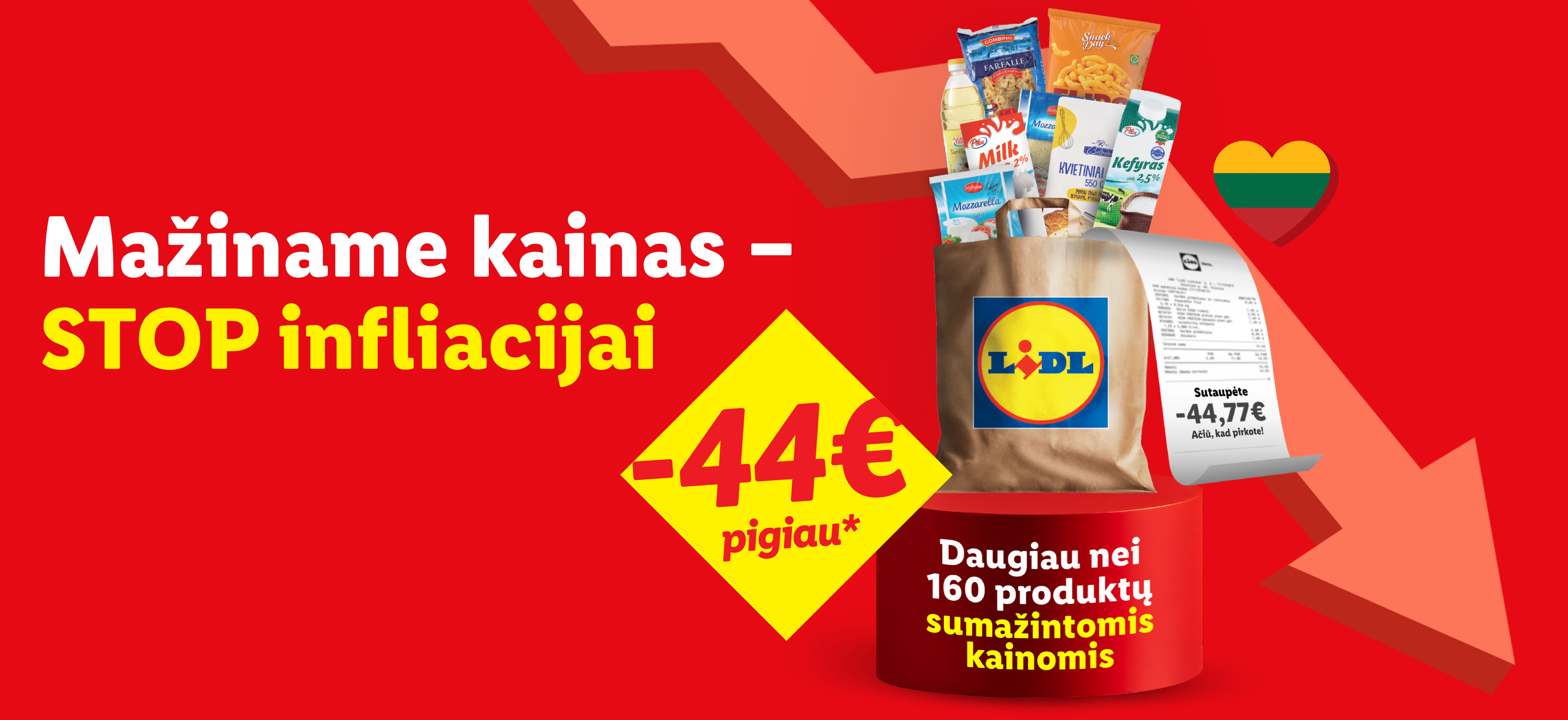 Reklama su užrašu „Mažiname kainas – STOP infliacijai“, rodanti maisto produktus ir pirkinių krepšį su čekiu, kuriame nurodyta sutaupyta suma.