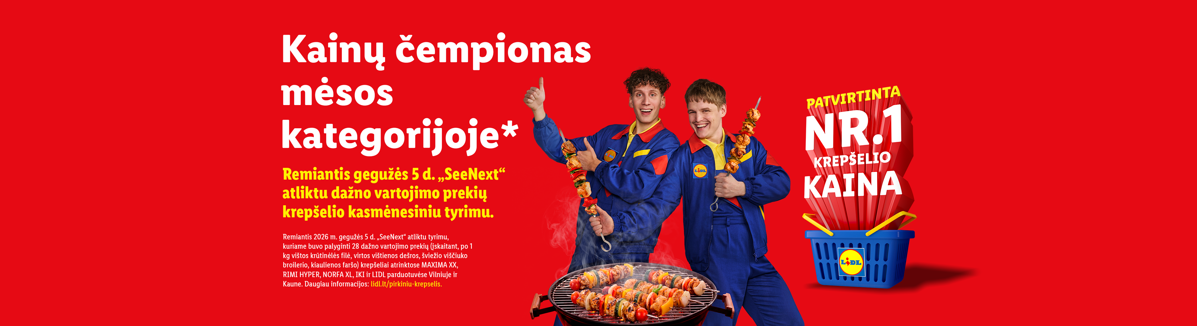 Du vyrai su šašlykais ant grilio, reklamuojantys mėsos kategorijos kainų čempioną ir krepšelio kainą.