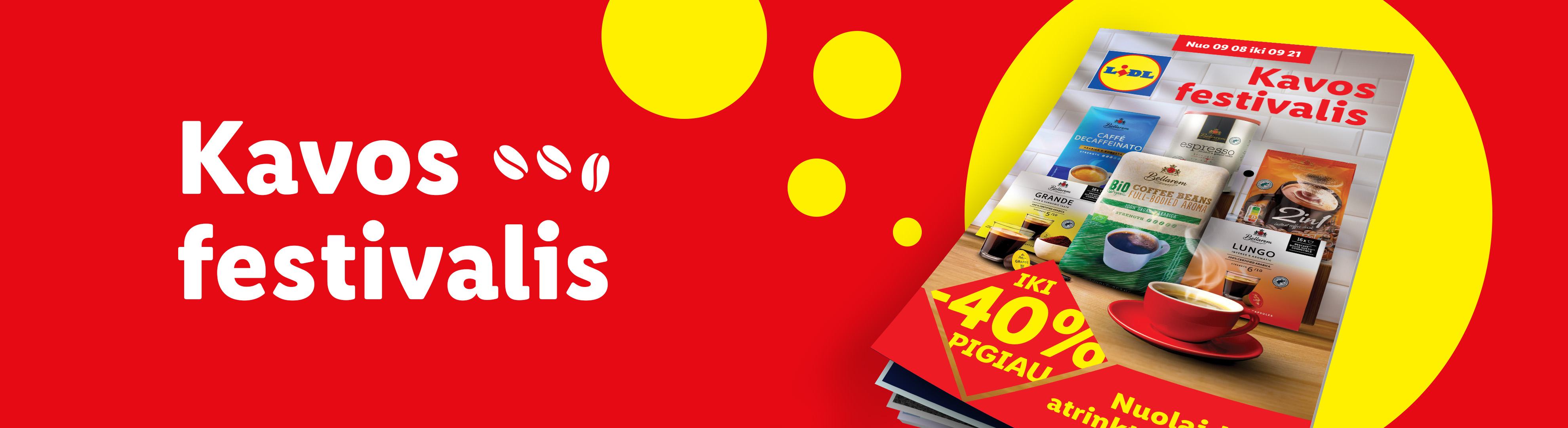 Lidl reklaminis lankstinukas, skelbiantis „Kavos festivalį“ su kavos pupelėmis, malta kava ir kapsulėmis.