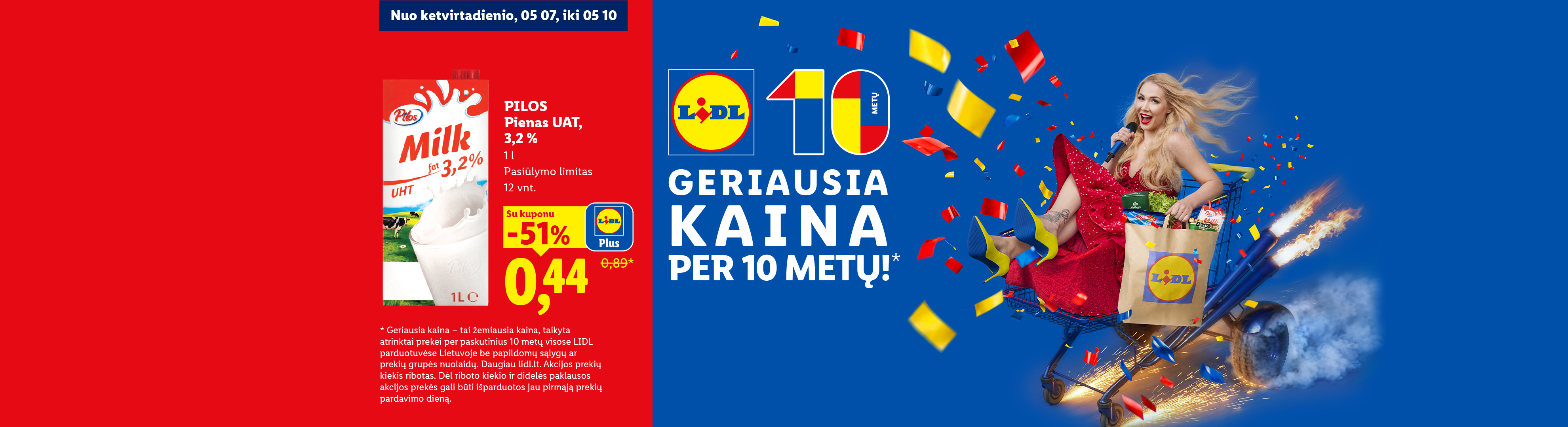 Pienas su 51% nuolaida, švenčiant 10 metų geriausią kainą su konfeti ir linksma moterimi.