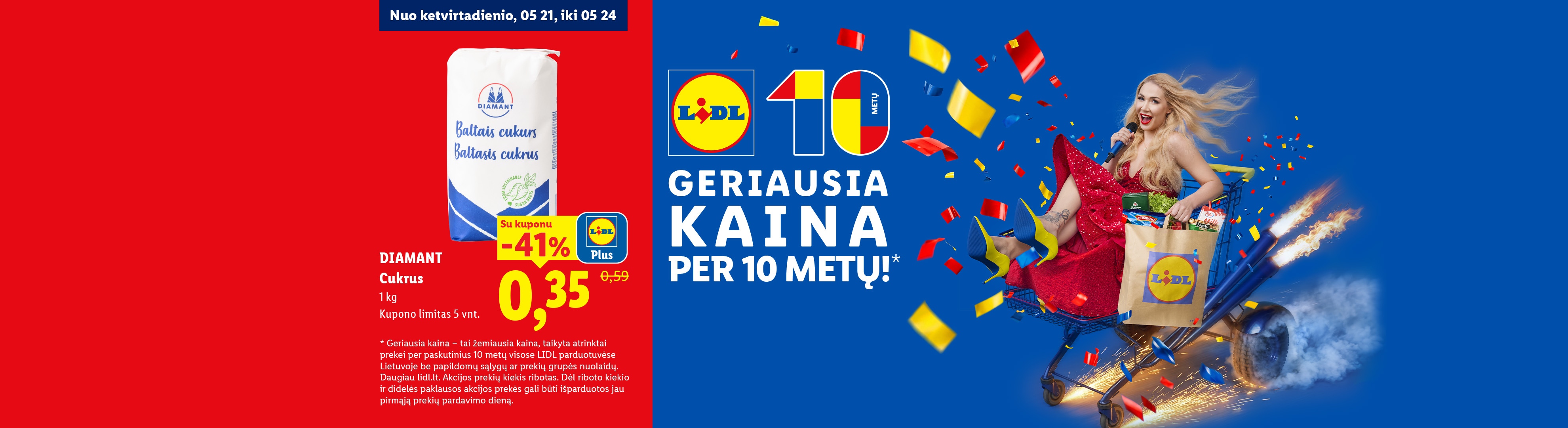 Reklama su cukraus akcija ir moterimi, švenčiančia 10 metų jubiliejų su pirkinių vežimėliu.