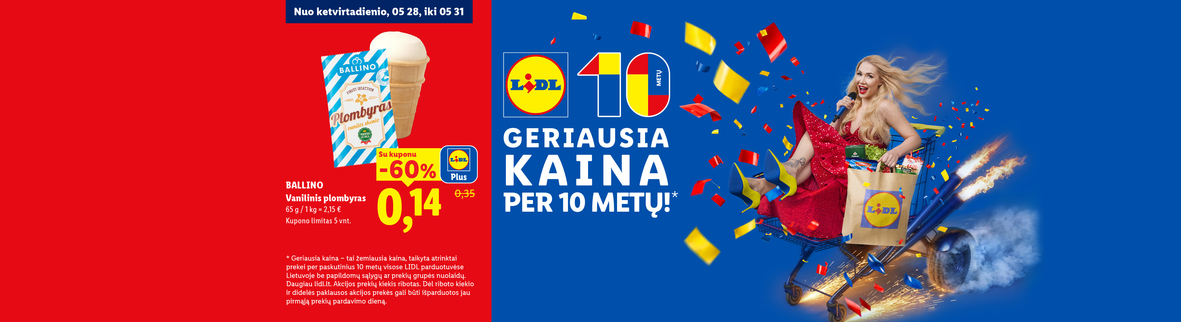 Reklama su vaniliniu plombyru ir moterimi, sėdinčia pirkinių vežimėlyje, švenčiant 10 metų jubiliejų.