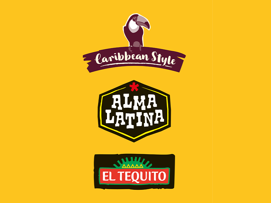 Logotipai su tukanu, užrašu „Caribbean Style“, „Alma Latina“ ir „El Tequito“.