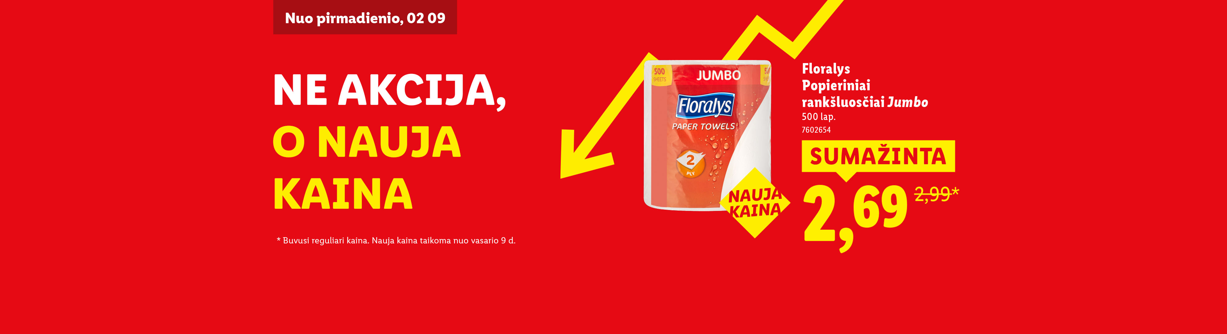 Raudonas plakatas su užrašu „NE AKCIJA, O NAUJA KAINA“ ir popierinių rankšluosčių pakuote, kurios kaina sumažinta iki 2,69 EUR.