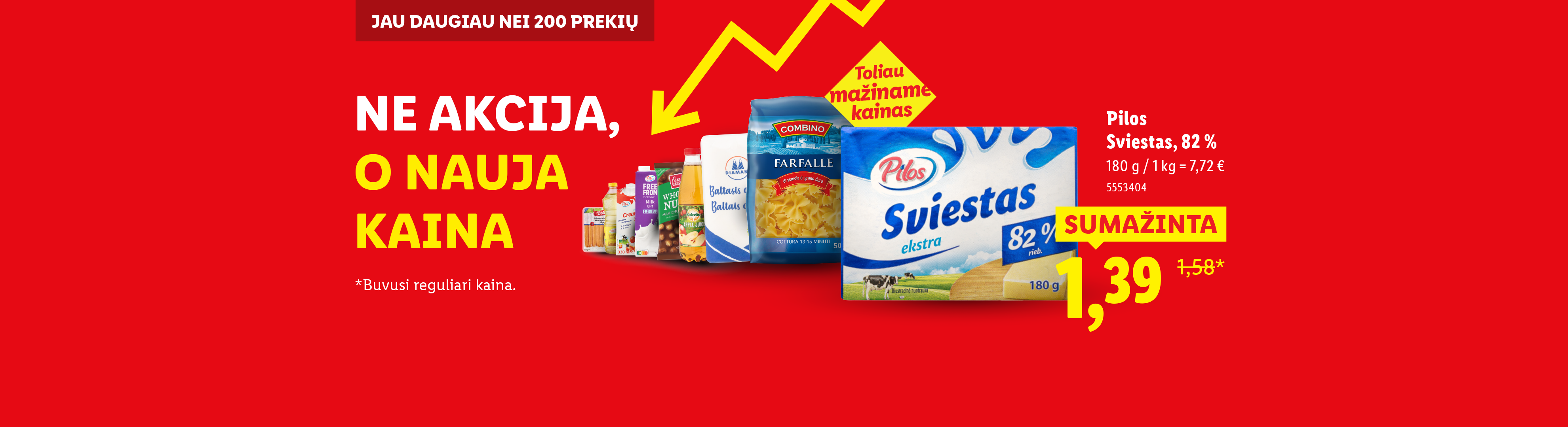 Reklaminis plakatas su makaronais, sviestu ir kitais maisto produktais, skelbiantis „Ne akcija, o nauja kaina“ ir „Sumažinta“.