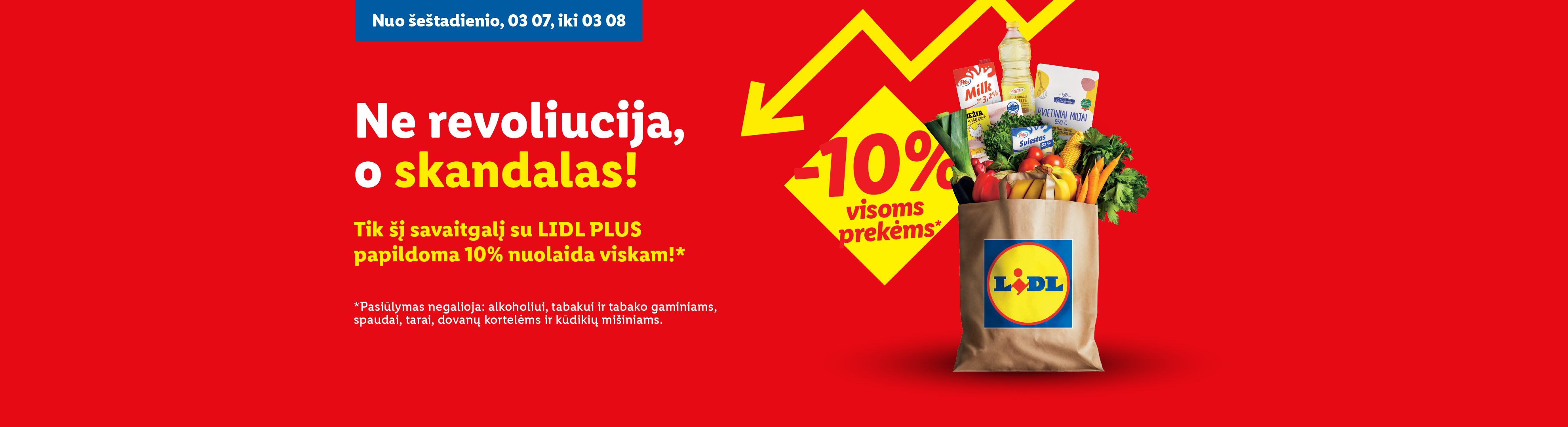 Raudonas plakatas su maisto prekių krepšiu ir 10% nuolaida viskam, galiojančia šį savaitgalį.
