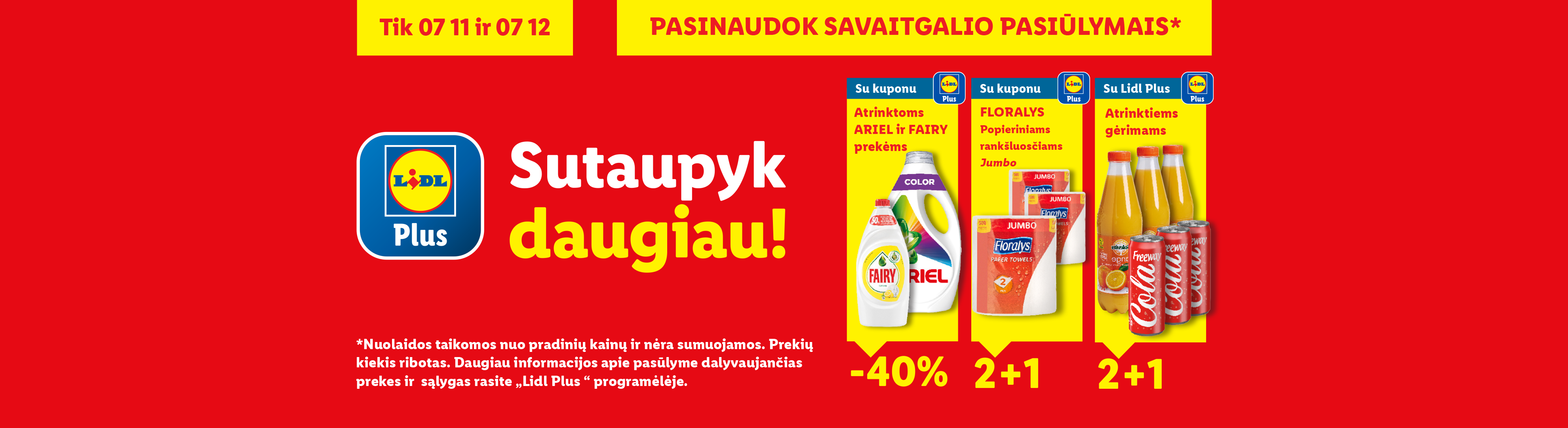 Lidl Plus savaitgalio pasiūlymai: skalbimo priemonėms -40%, popieriniams rankšluosčiams ir gėrimams 2+1.