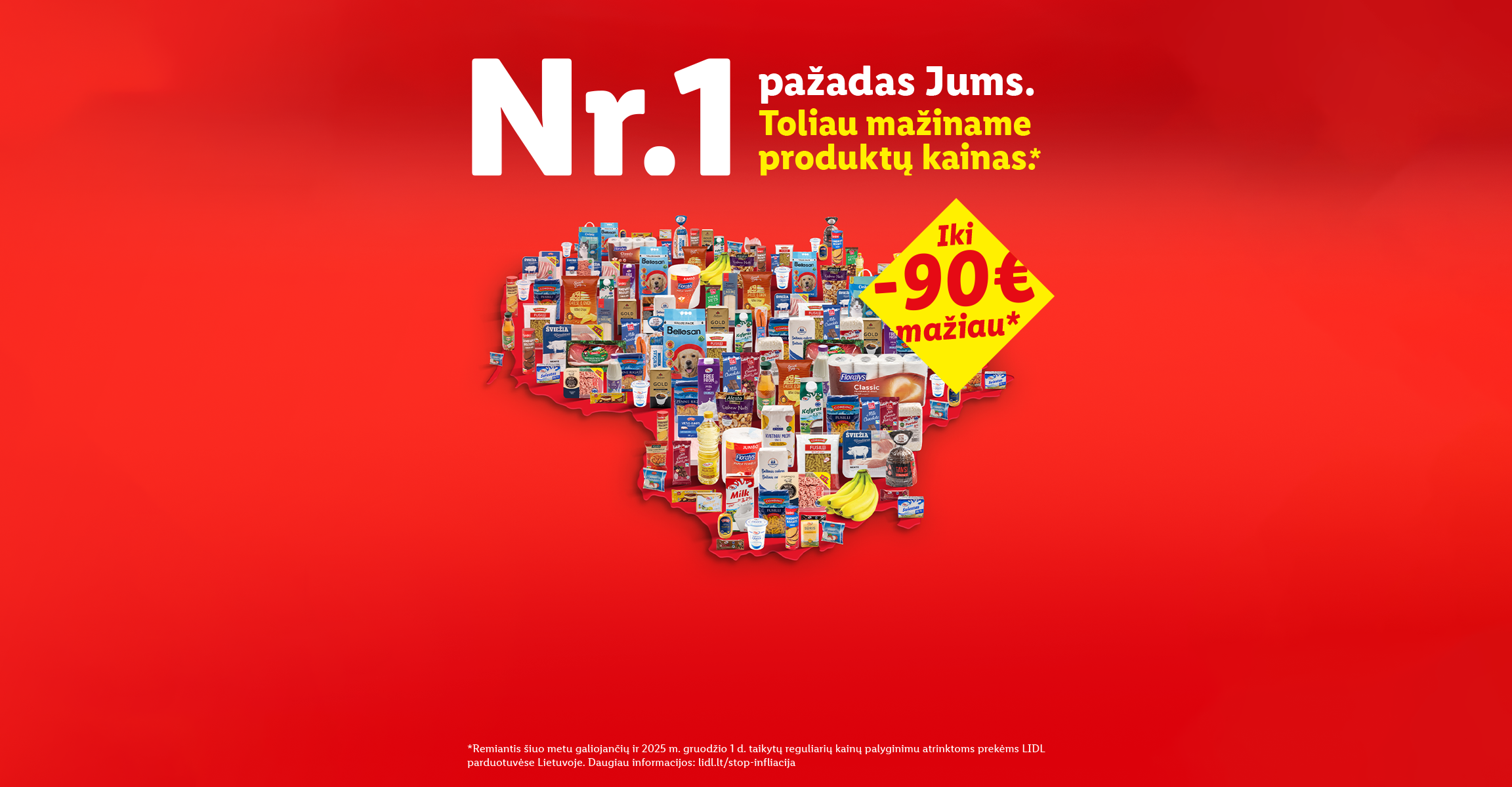 Lidl reklama su užrašu „Nr. 1 pažadas Jums. Toliau mažiname produktų kainas“ ir „Iki -90€ mažiau“, su maisto ir buities prekių atvaizdais Lietuvos žemėlapio fone.