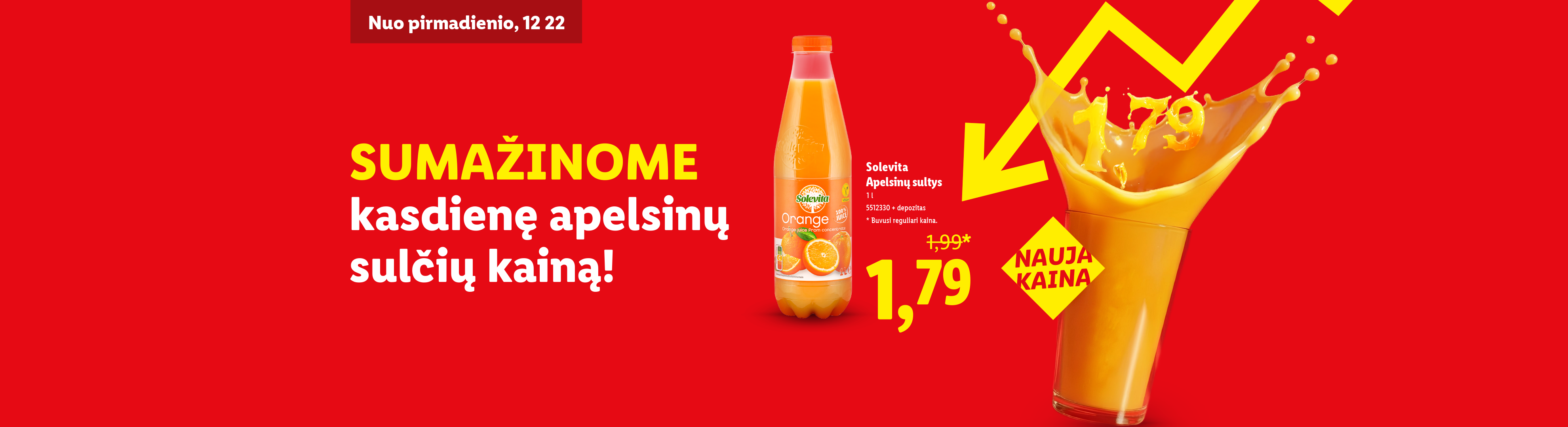 Solevita apelsinų sultys už 1,79 EUR, sumažinta kaina nuo 1,99 EUR.